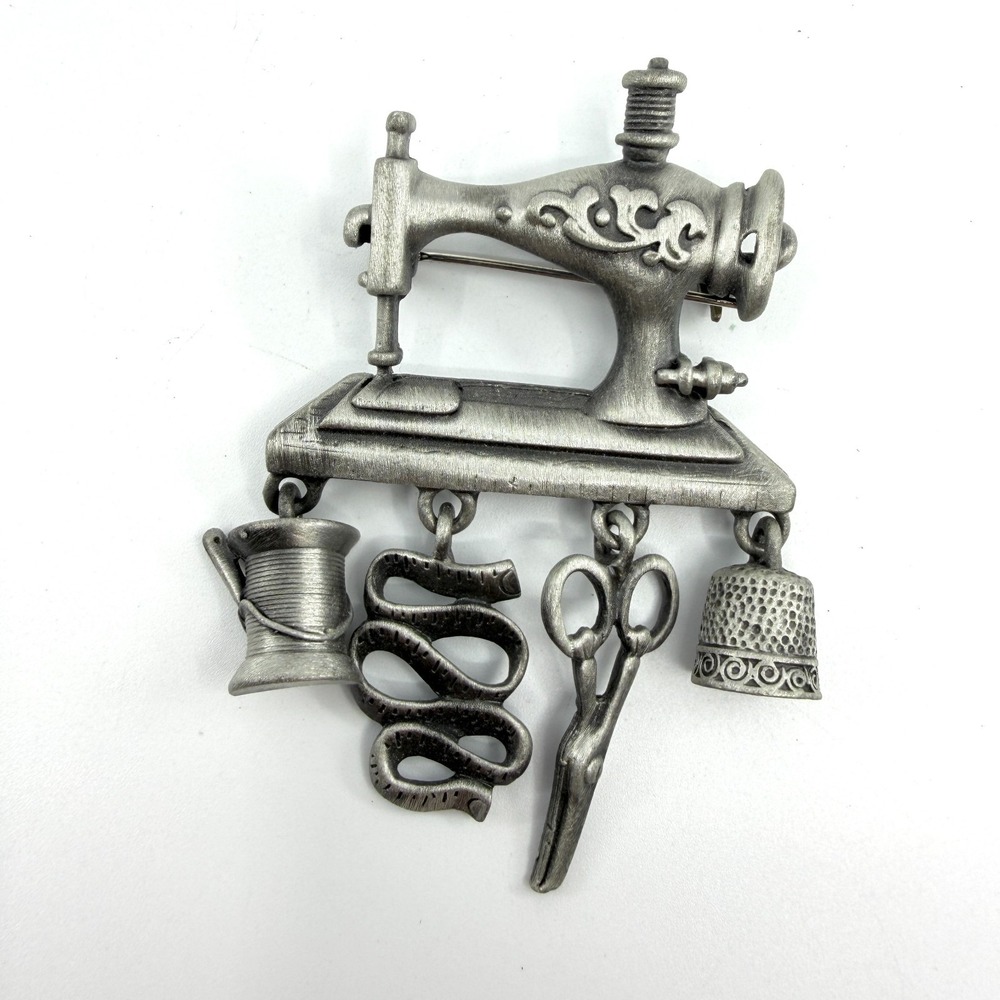 Silver Tone Sewing Machine Brooch Scissors Thimble Dangle Charms Seamstress Gift